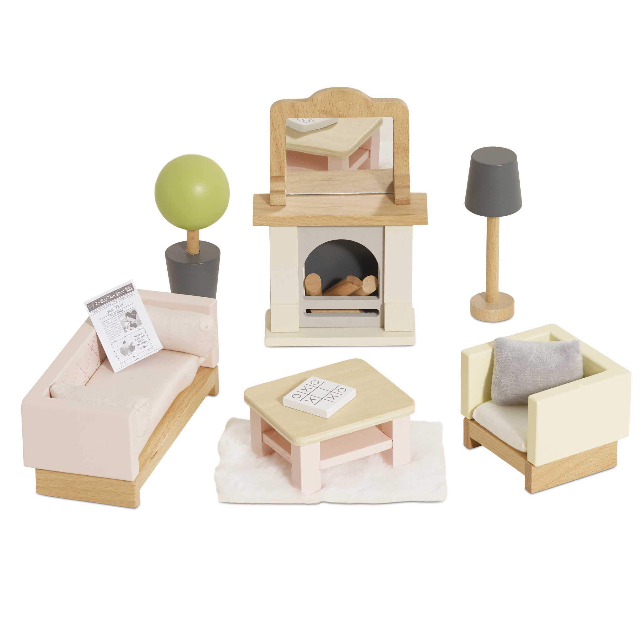 Wooden Dollhouse Living Room Furniture Set - 19 Pieces